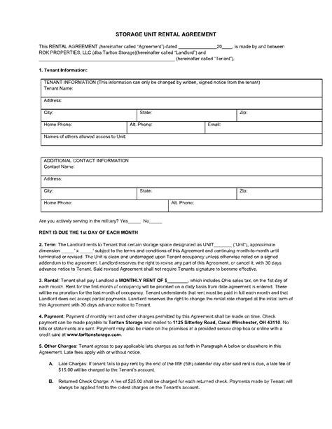 Printable Storage Agreement Form